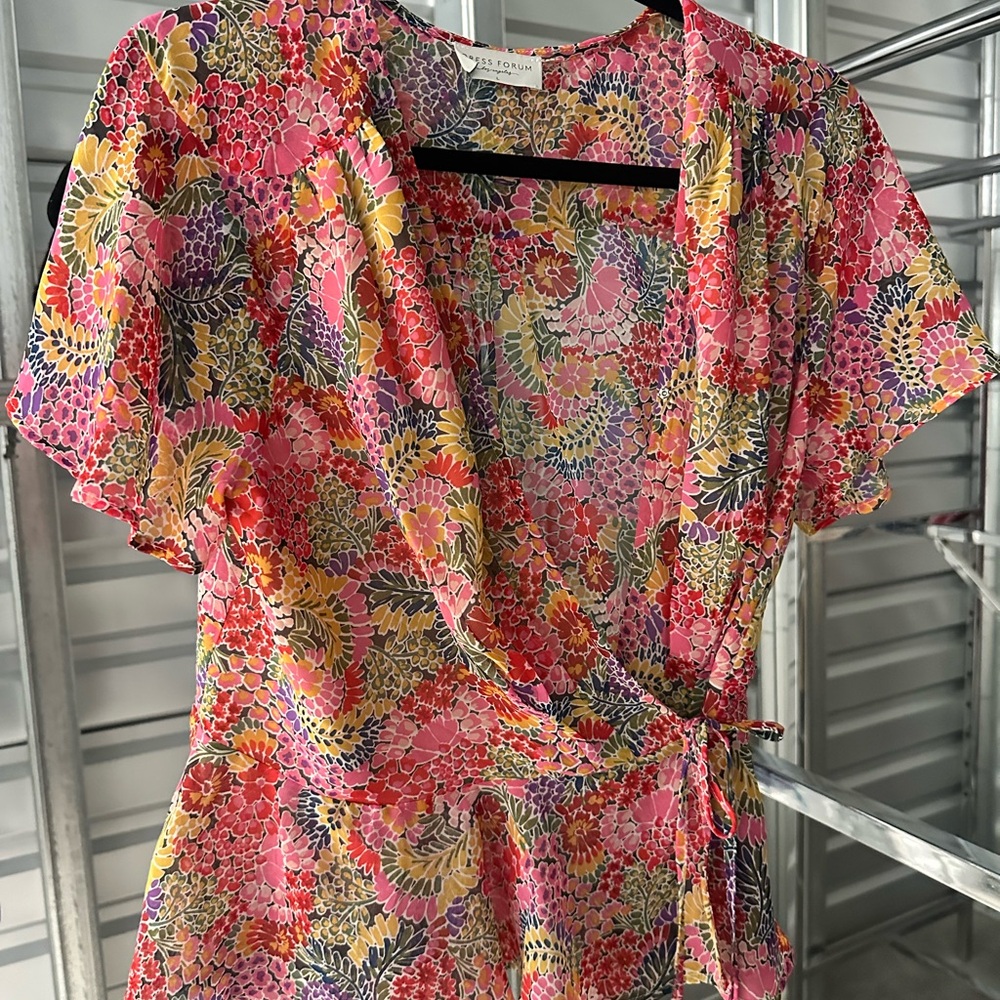 Diane Von Furstenberg Pink and Yellow Flutter Sleeve Wrap Blouse